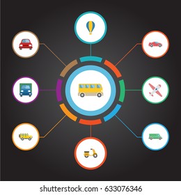 Flat Automobile, Airship, Luxury Auto And Other Vector Elements. Set Of Machine Flat Symbols Also Includes Automobile, Suv, Balloon Objects.