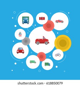 Flat Automotive, Lorry, Bicycle And Other Vector Elements. Set Of Auto Flat Symbols Also Includes Lorry, Freight, Truck Objects.