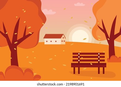 Flat autumn background with a bench and a house. Vector illustration