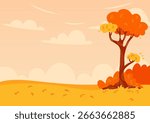 Flat autumn background illustration of a single autumn tree with orange and yellow foliage in a meadow under a cloudy sky. Park or forest in harvest season. Fall September banner