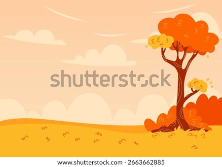 Flat autumn background illustration of a single autumn tree with orange and yellow foliage in a meadow under a cloudy sky. Park or forest in harvest season. Fall September banner