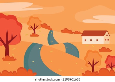 Flat autumn background, landscape with a house. Vector illustration