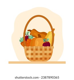Concepto de cesta plana de otoño con calabazas y zanahorias. Ilustración de dibujos animados vectoriales del carrito de mimbre con cosecha de otoño. Ilustración de dibujos animados con verduras para afiches o pancartas del festival de otoño