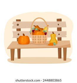 Flat autumn basket concept with Pumpkins and Carrots on color background. Vector cartoon illustration of fall harvest on bench. Hand drawn image with vegetables for poster or autumn festival banner