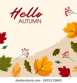 Flat autumn border frame. Social media post vector template. Colorful background with autumn leaves and copy space.