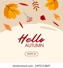 Flat autumn border frame. Social media post vector template. Colorful background with autumn leaves and copy space.