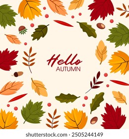 Flat autumn border frame. Social media post vector template. Colorful background with autumn leaves and copy space.
