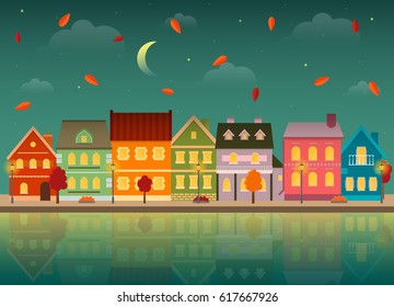Flat autumn cityscape at night. Urban landscape in the fall with reflection in the water. EPS10 vector illustration.