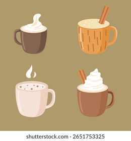 Flat autumn coffee drinks set cappuccino, pumpkin spice latte, macchiato, cozy mugs with cinnamon sticks, clean flat vector style