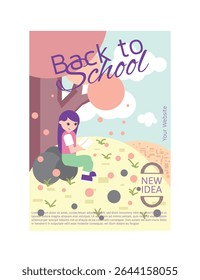 Flat Autumn Education Poster with Kids Reading Books Under Falling Leaves in Cozy Outdoor Scene