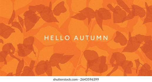 Flat autumn foliage background with overlapping orange leaves and dark botanical silhouettes. Warm seasonal pattern in minimalist style. For greeting, banner, wallpaper, card, header. Vector