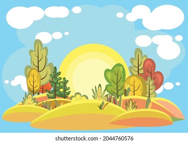 Flat autumn forest. Beautiful landscape with trees. Sky. Illustration in a simple symbolic style. A funny scene. Comic cartoon design. Country wild plants. Vector.