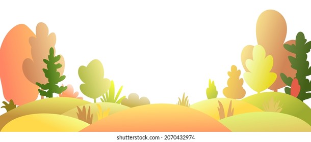 Flat autumn forest. Beautiful landscape with trees. Illustration in a simple symbolic style. A funny scene. Comic cartoon design. Country wild plants. Isolated vector