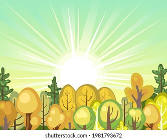 Flat autumn forest. landscape with trees. Illustration in a simple symbolic style. Sunrise. A funny scene. Comic cartoon design. Country wild plants. Vector