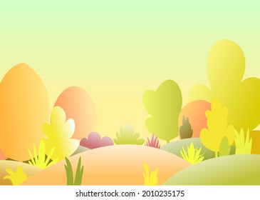 Flat autumn forest. landscape with trees. Illustration in a simple symbolic style. A funny scene. Fog. Comic cartoon design. Country wild plants. Vector