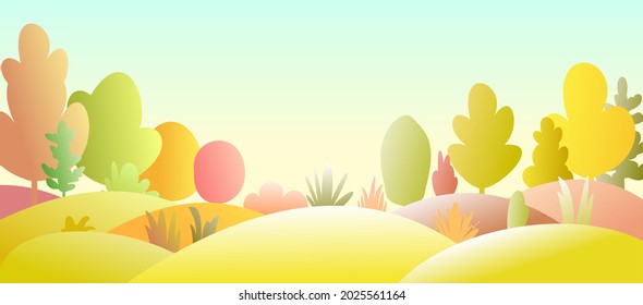 Flat autumn forest. landscape with trees. Illustration in a simple symbolic style. A funny scene. Comic horizontal cartoon design. Country wild plants. Vector