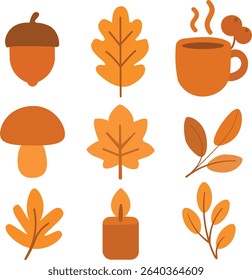 Flat Autumn Icon Set with Leaves, Acorns, and Cozy Element
