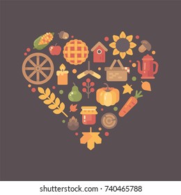 Flat autumn icons arranged into heart shape. Colorful fall item set