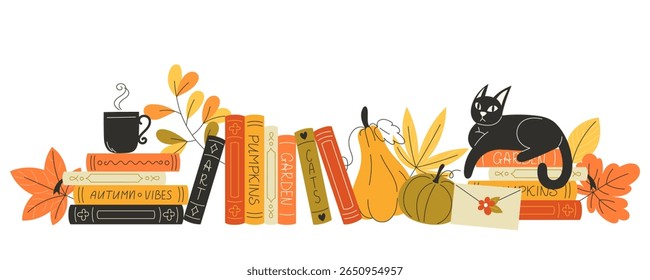Flat autumn illustration with books on shelf, cosy cat, leaves, pumpkins and hot drink