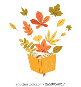 Flat autumn illustration with yellow open book and flying fall leaves

