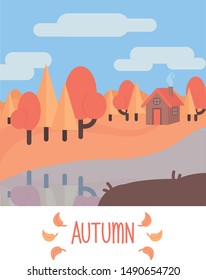 flat autumn landscape with forest, river, house and sky postcard