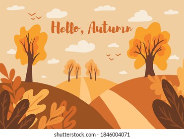 Flat Autumn landscape. Vector countryside illustratiom with woods, herbs and road. Hello autumn lettering