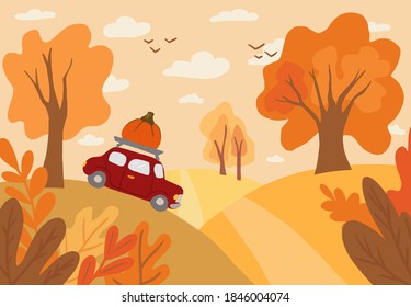 Flat Autumn Landscape. Vector Countryside Illustratiom With Woods, Herbs, Road And Red Cute Car With Pumpkin. Thanksgiving Holiday Card