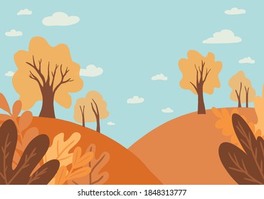 Flat Autumn landscape. Vector countryside illustratiom with woods, herbs and road