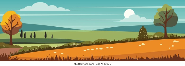 Flat Autumn landscape. Vector countryside illustratiom with woods, herbs and road