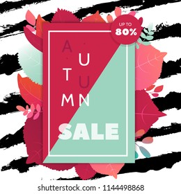 Flat autumn leaves banner with grunge lines with gradient foliage background.