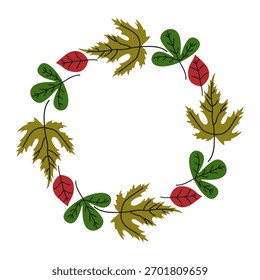 Hojas de otoño planas marco de círculo. Otoño estacional doodle círculo corona con hojas brillantes de varias Formas y colores. Ilustración vectorial aislada sobre fondo blanco