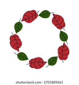 Flat autumn leaves circle frame. Fall seasonal doodle circle wreath with bright leaves of various shapes and colours. Vector illustration isolated on white background