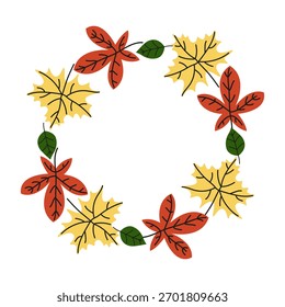 Hojas de otoño planas marco de círculo. Otoño estacional doodle círculo corona con hojas brillantes de varias Formas y colores. Ilustración vectorial aislada sobre fondo blanco