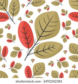 Flat autumn leaves pattern on white isolated background. Vector stylish leaves in fall botanical style. For seasonal decorative elements, prints, wallpaper.