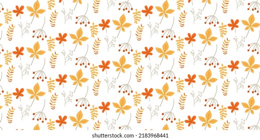 
Flat autumn leaves pattern. Seamless pattern for textiles and postcards. Yellow and orange autumn leaves, viburnum branch. Trendy bright and warm colors.