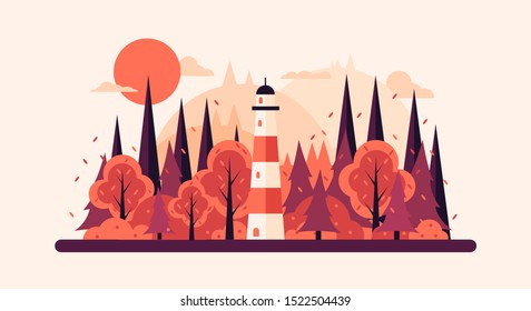Flat autumn nature landscape illustration. Colorful vector flat icon set: lighthouse,nature, mountains, sun, trees, clouds. Vector illustration in trendy flat style.