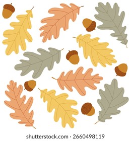 Conjunto de ilustración de hoja de roble de otoño plano. Ilustración vectorial de hojas de roble dispersas y bellotas en colores otoñales. Perfecto para tarjetas de temporada, estampados y uso educativo o decorativo.