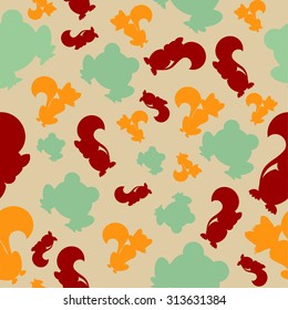 Flat autumn pattern with foxes, squirrels, frogs, seamless autumn pattern