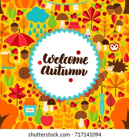 Flat Autumn Postcard. Vector Illustration of Fall Seasonal Concept. 