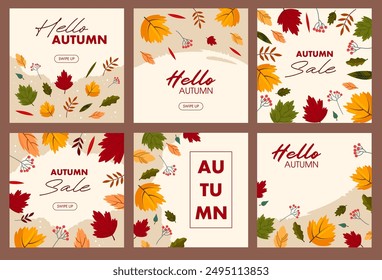 Flat autumn posts collection. Social media post vector template. Colorful set with autumn leaves and copy space.