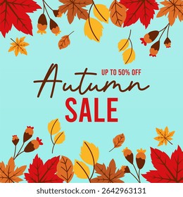 Flat autumn sale background template. Autumn sale banner illustration 