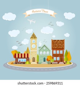 Flat autumn town. vector illustration