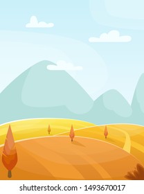 Flat autumn vector cartoon landscape. Fields with trees and mountains in the background.