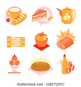 Flat avant-garde vintage geometric images of simple shapes of baking, drinks, bread, apple, teapot and ice cream