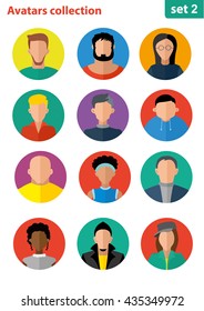 Flat avatar collection, set of 12 people icons in flat style with faces, avatars group of people. User avatars