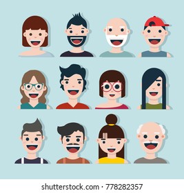 Flat avatar Happy people face collection