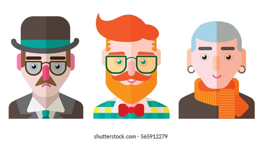 Flat avatar hipster icons. Trendy. Creative people.