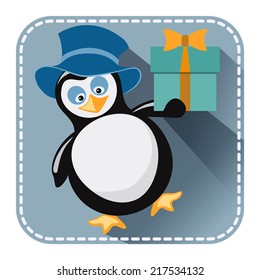 Flat avatar or icon with penguin in Santa Claus hat and candy bonbon for design  