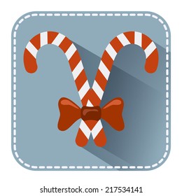 Flat avatar or icon with penguin in Santa Claus hat and candy bonbon for design  