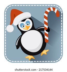Flat avatar or icon with penguin in Santa Claus hat and candy bonbon for design  